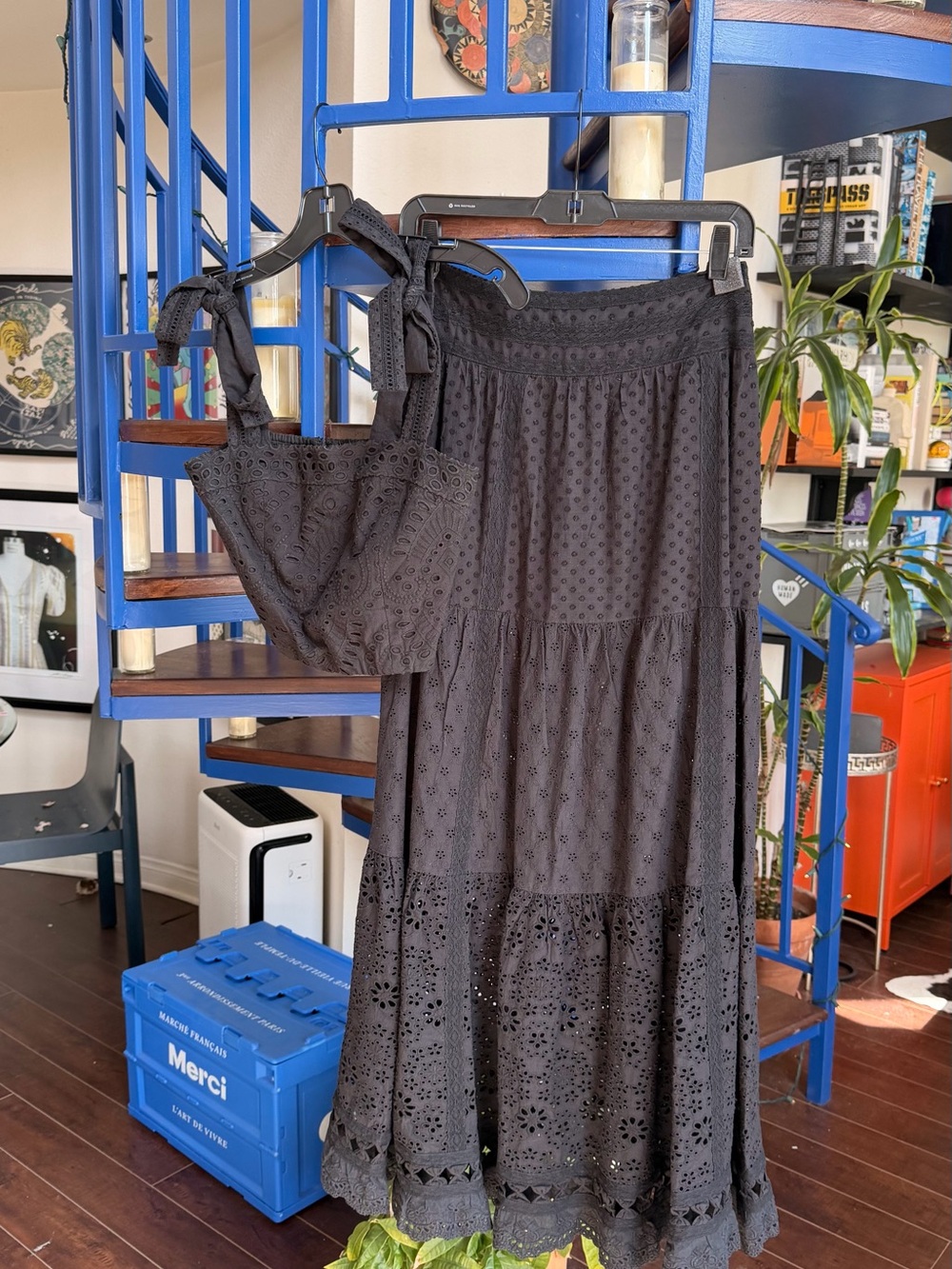 Alice and Olivia Black Eyelet Tiered Maxi Set